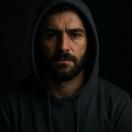 Portrait of a man with a beard in a hood on a black background
