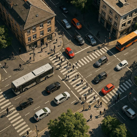 Aerial view of a crosswalk with people crossing it in Berlin, Germany