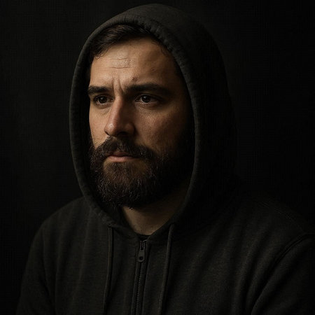 Portrait of a man with a beard in a hood on a dark background