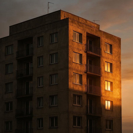 Apartment building at sunset. 3D render. Vintage style.