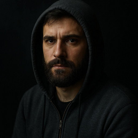 Portrait of a man with a beard in a hood on a black background