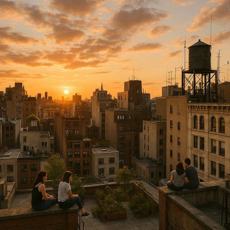 Group of friends sitting on the rooftop in New York at sunset.