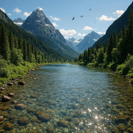 Mountain river with clear water and high mountains in the background.