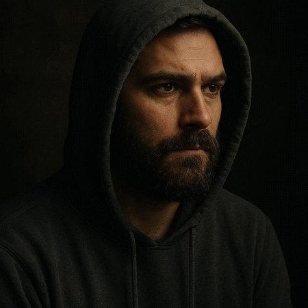 Portrait of a man with a beard in a hood on a dark background