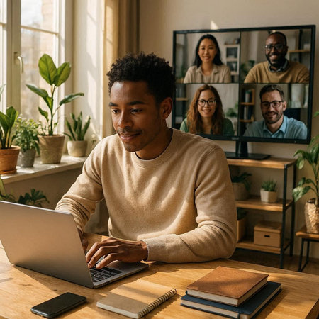 Portrait of smiling african american man using laptop at home