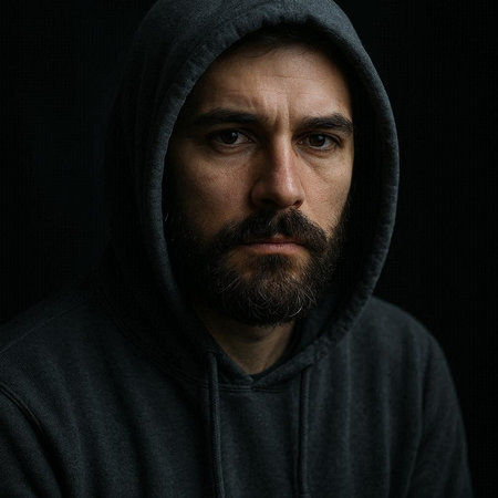 Portrait of a man with a beard in a hood on a black background