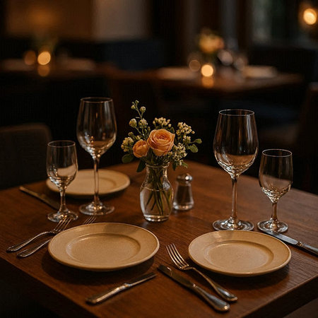 Wedding table setting with flowers and cutlery in restaurant