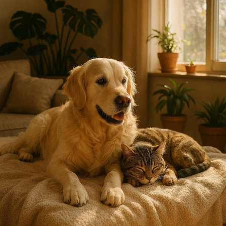 Golden Retriever and cat together on the bed at home.