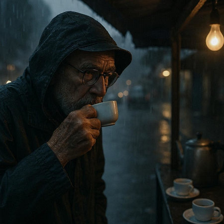 Elderly man drinking coffee in a cafe in the rain.