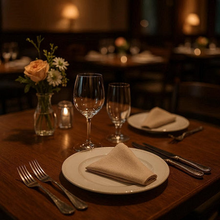 Restaurant table setting with wine glasses, napkin and cutlery