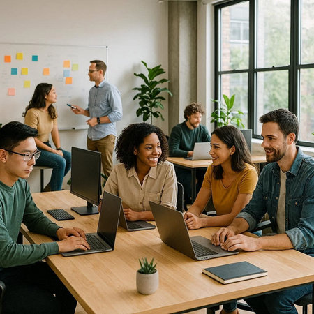 multiethnic group of young businesspeople working on laptops in office