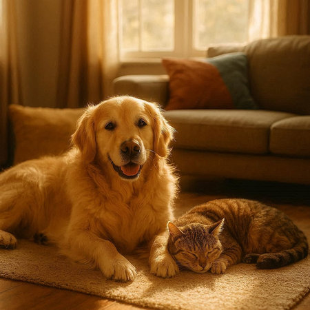Golden Retriever dog and cat lying together on a carpet at home.