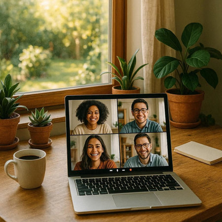 Mixed race group of friends having video call on laptop at home.