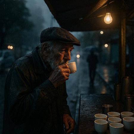 Old homeless man drinking coffee in the street at night. Homelessness concept.