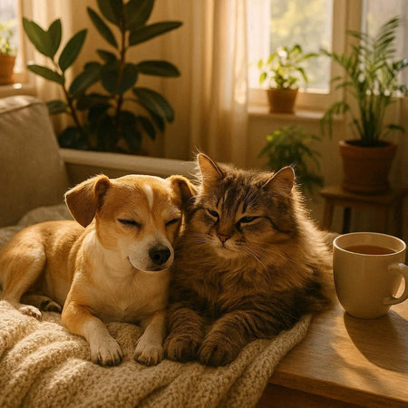 A cat and a dog are sitting on the sofa in the room.