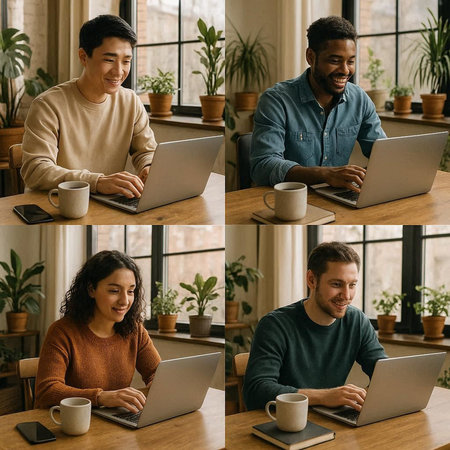 Collage of young multiethnic people working on laptops at cafe. Multiethnic male and female freelancers sitting at table with cups of coffee and smilingの写真素材