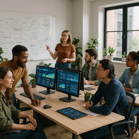 multiethnic team of software developers working together on computers in office