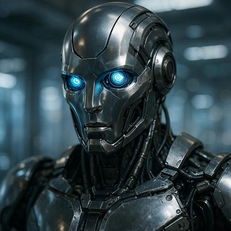 3D rendering of a male cyborg with blue eyes in a futuristic setting