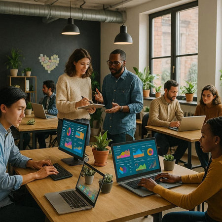 Group of young multiethnic business people working together in modern office. Selective focus.