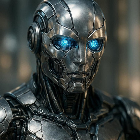 Close-up portrait of a futuristic robot in a dark room.