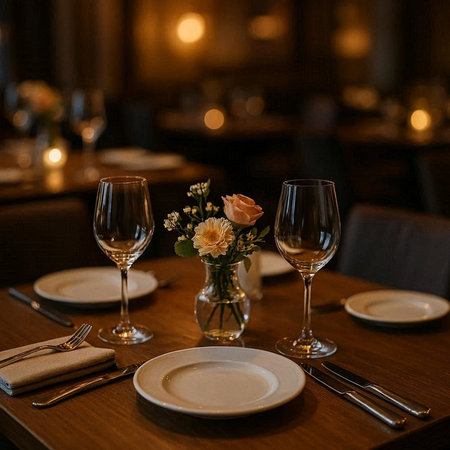 Elegant table setting for wedding or other celebration in the restaurant