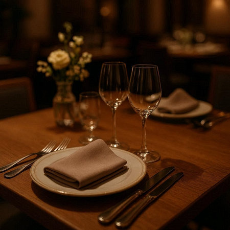 Restaurant table setting with cutlery, napkin and glasses