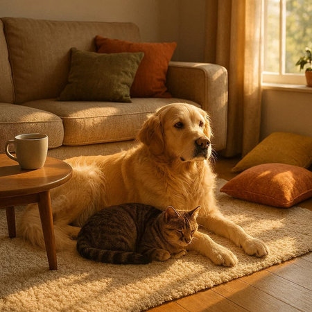 Golden Retriever and cat together at home in the living roomの写真素材