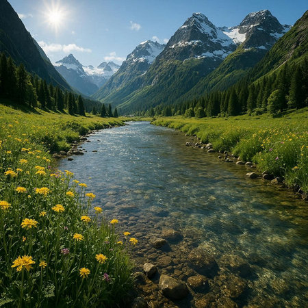 mountain river in the high alpine meadow with flowers in summer