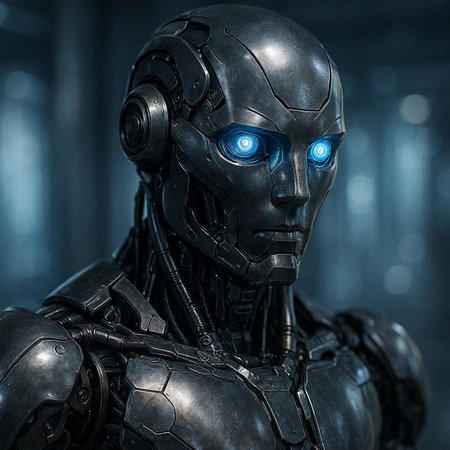 3d rendering of a male robot in the dark with blue lights