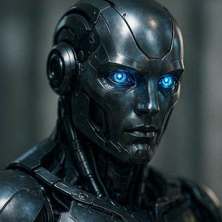 Closeup portrait of a futuristic robot with blue eyes. 3d rendering