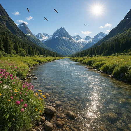 Beautiful mountain landscape with a river in the foreground and two birds flying over it