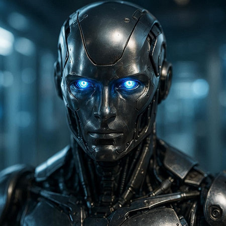 Cyborg with blue eyes. Futuristic technology concept. 3D Rendering