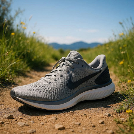 Pair of running shoes on the road in the mountains. Shallow depth of field.