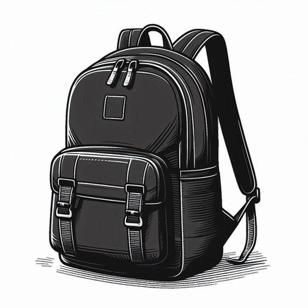 Illustration of a black backpack on a white background, sketch style