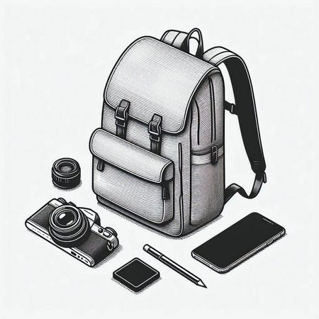 Vector illustration of a backpack, smartphone, camera, notebook and pen.
