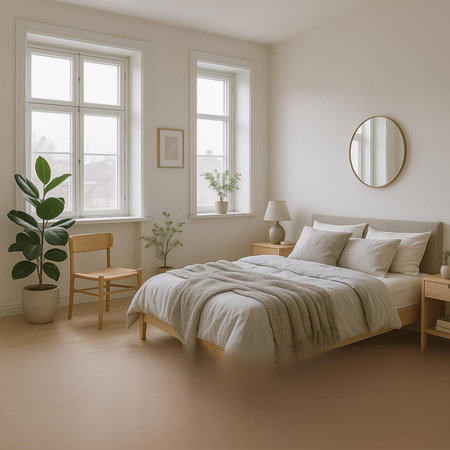 Interior of modern bedroom with white walls, wooden floor, comfortable king size bed and round...