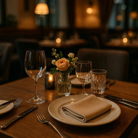 Table set for a romantic dinner in a restaurant. Selective focus.