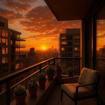 View from the balcony of a modern apartment at sunset. 3D rendering