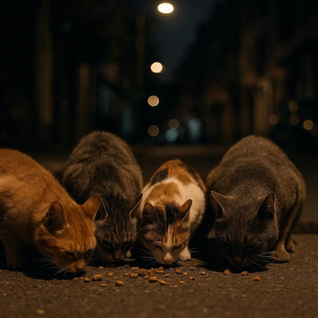 A group of stray cats eat food on the street at night.