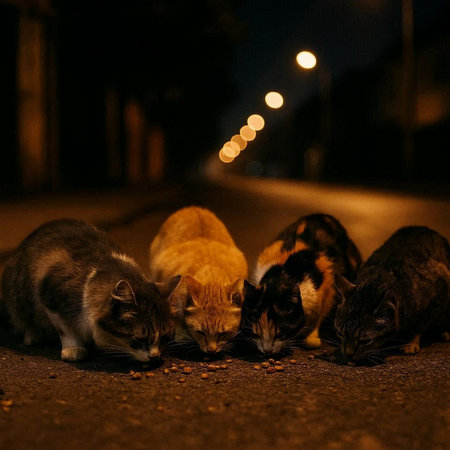 Group of stray cats eating food on the street at night. Selective focus.