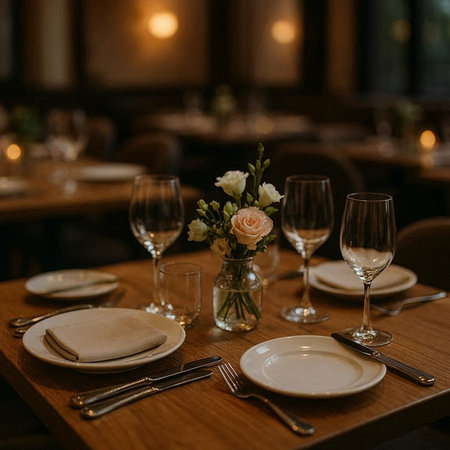 Wedding table setting in a restaurant. Table served with plates, cutlery and flowers.