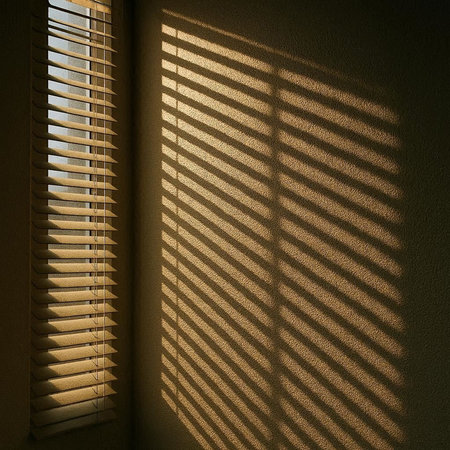 Sunlight through the blinds on the window in the morning.