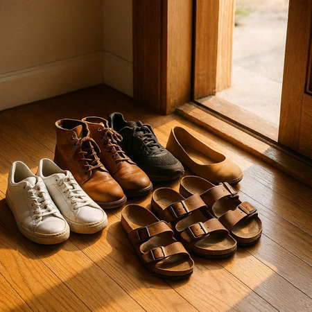 Men's shoes on the wooden floor in the room. Vintage style.