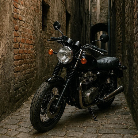 Retro motorcycle parked in the old town of Bruges, Belgium