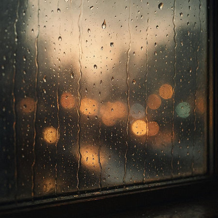 Rain drops on the window with city lights bokeh background.