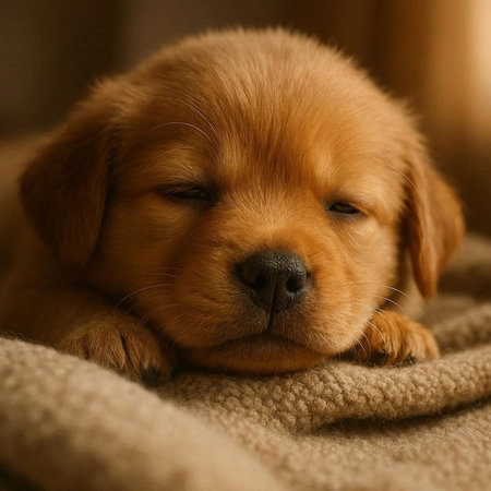 Labrador Retriever puppy sleeping on a soft brown blanket.の写真素材