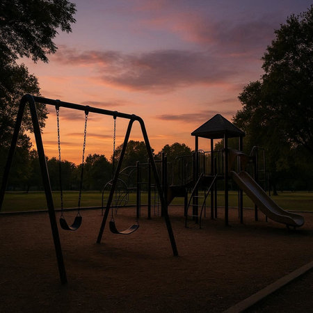 Playground in the park at sunset. Sunset in the park.の写真素材