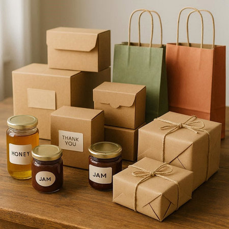 Gift boxes and jars of jam on a wooden table with paper bags