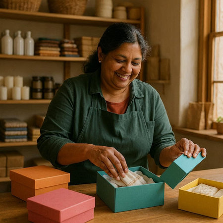 Smiling senior woman packing gift boxes in a gift box at home
