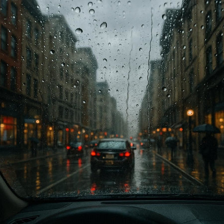 Rainy city street view from car window. Rainy day.